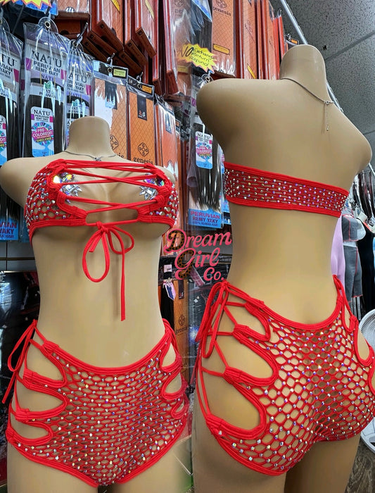 Fire Red Rhinestone 2PC Set